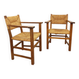 Set of 2 vintage brutalist armchairs in oak wood and straw