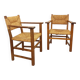 Suite de 2 fauteuils brutalistes vintage en bois de chêne et paille