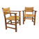Suite de 2 fauteuils brutalistes vintage en bois de chêne et paille