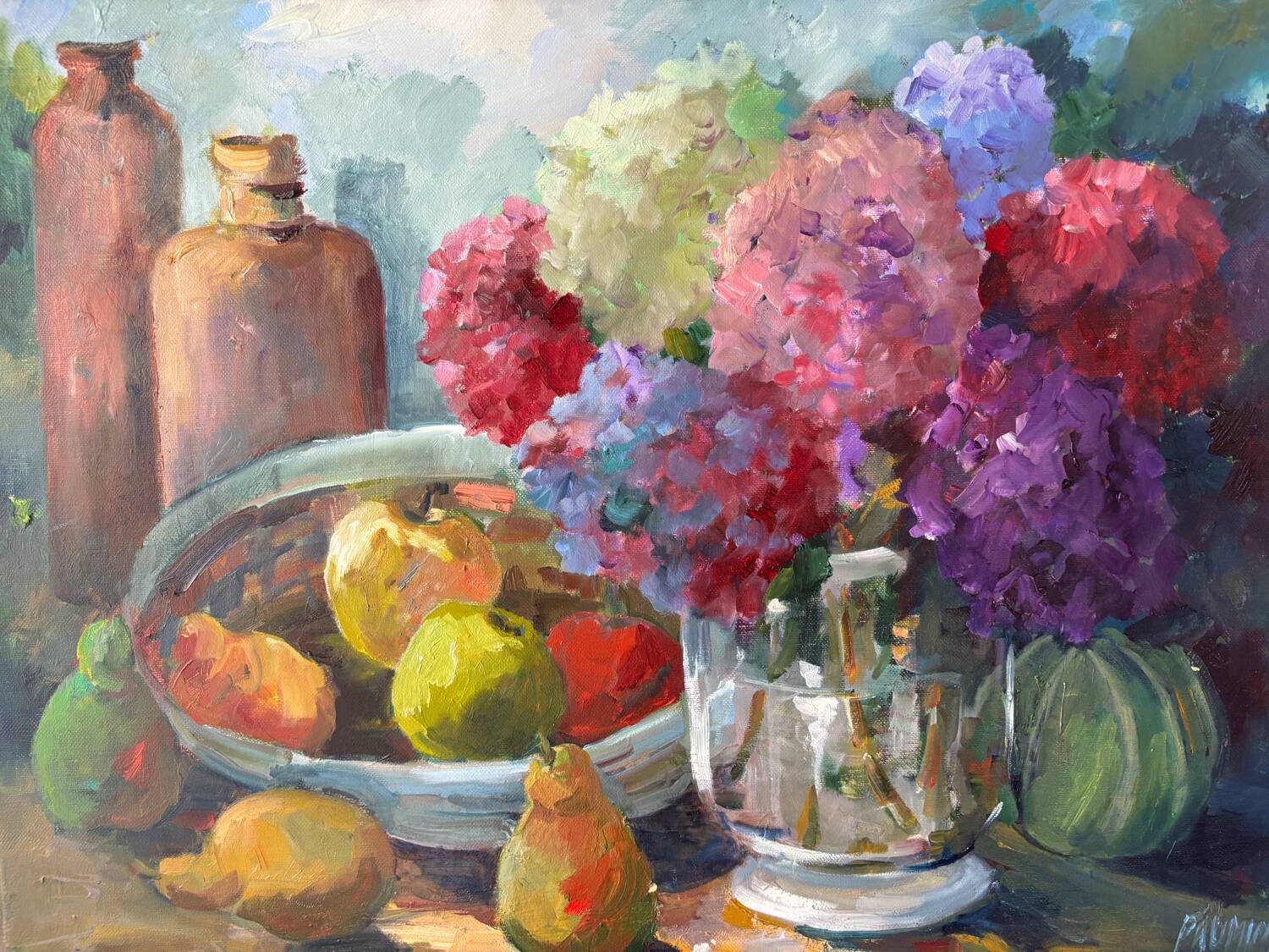 Oil on canvas "Hydrangeas and fruits" signed Paumier.