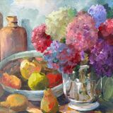 Oil on canvas "Hydrangeas and fruits" signed Paumier.