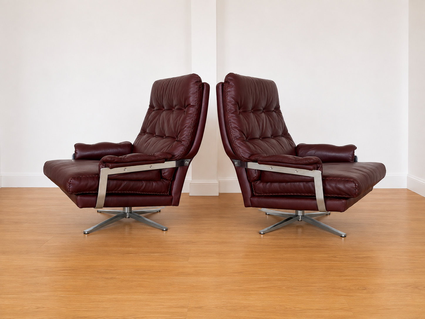 Vintage Swedish Arne Norell lounge chairs and matching stools 1970s
