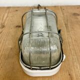 Industrial white porcelain cage wall light with ribbed glass, 1970s