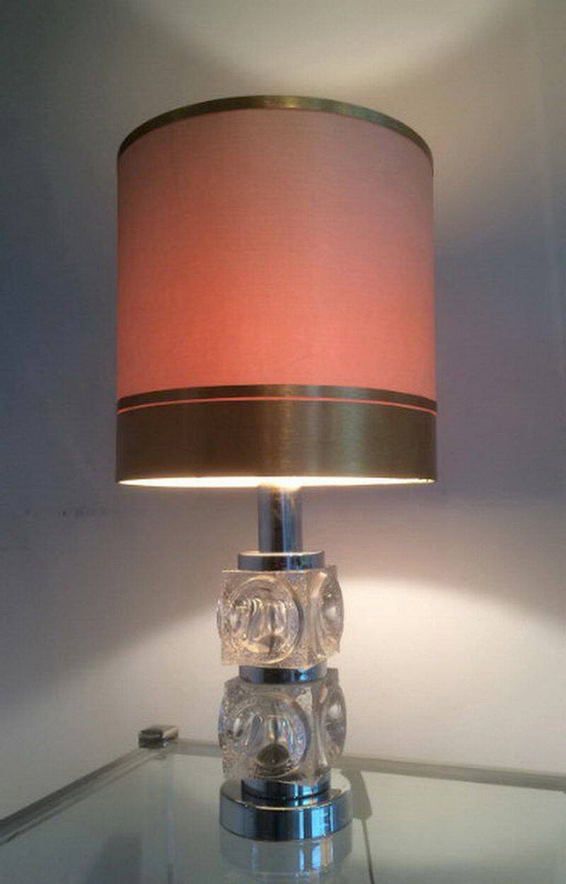 Pair of glass and chrome lamps. Circa 1970