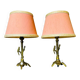 Pair rustic brass bird table lamps with pink lampshades