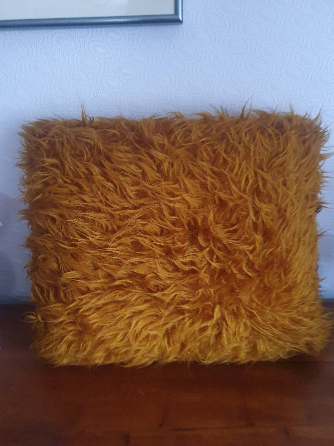 Faux fur cushion mustard yellow orange mustard vintage 70's