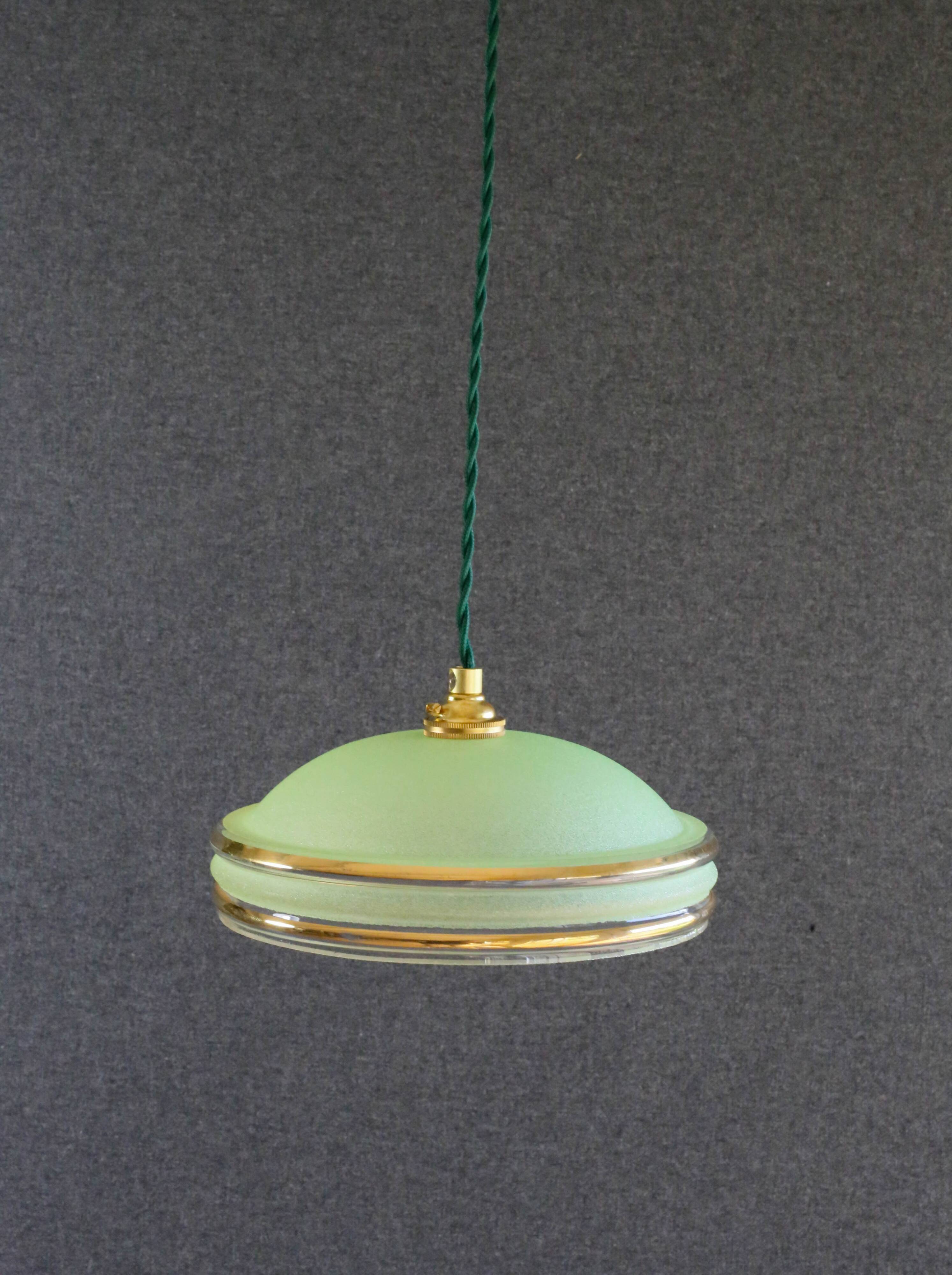 Antique 1940s pendant light in green granite glass with gold threads, new socket and cable