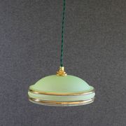 Suspension ancienne années 40 en verre granité vert avec filets dorés, douille et cable neufs