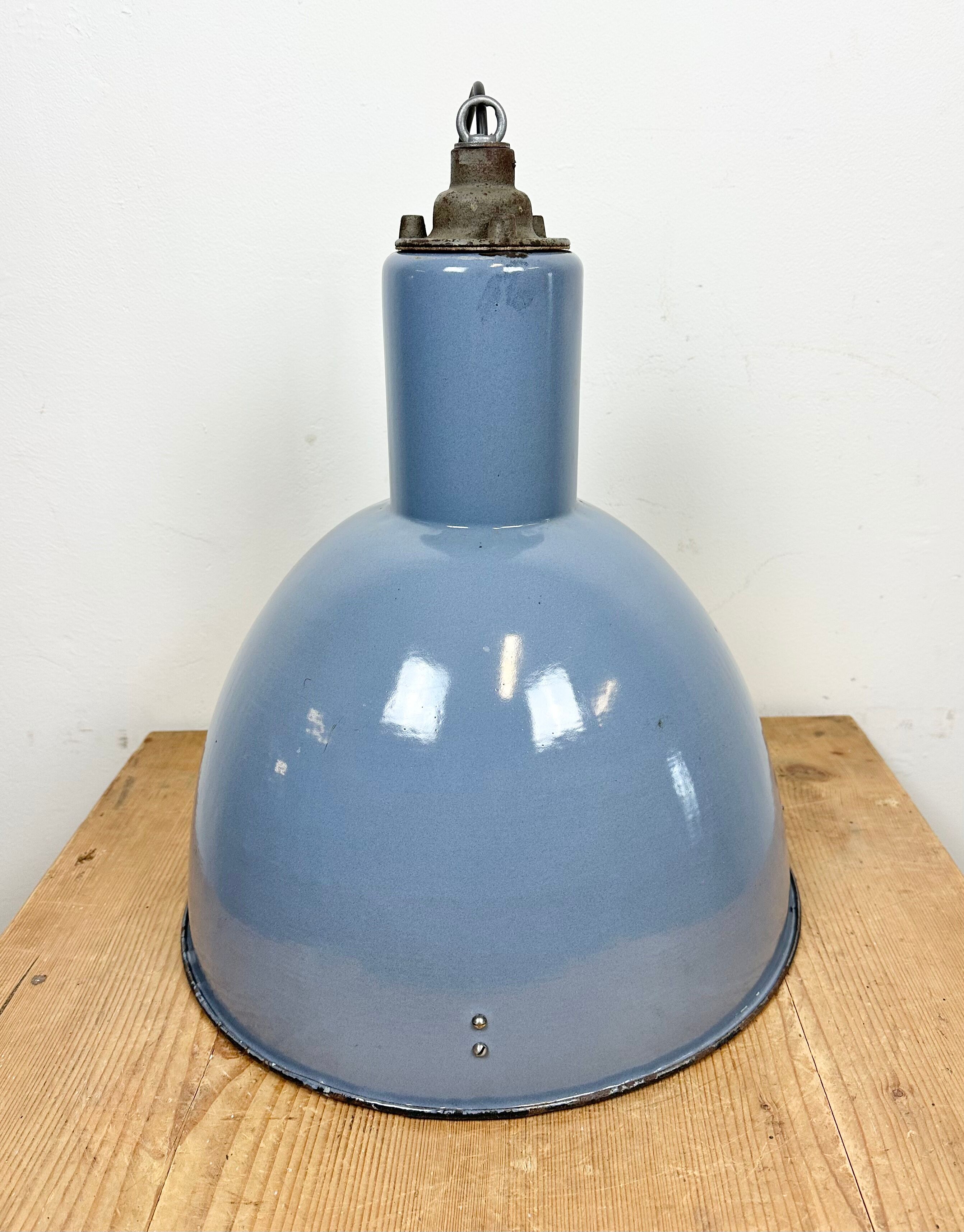 Bauhaus blue enamel industrial pendant lamp, 1950s