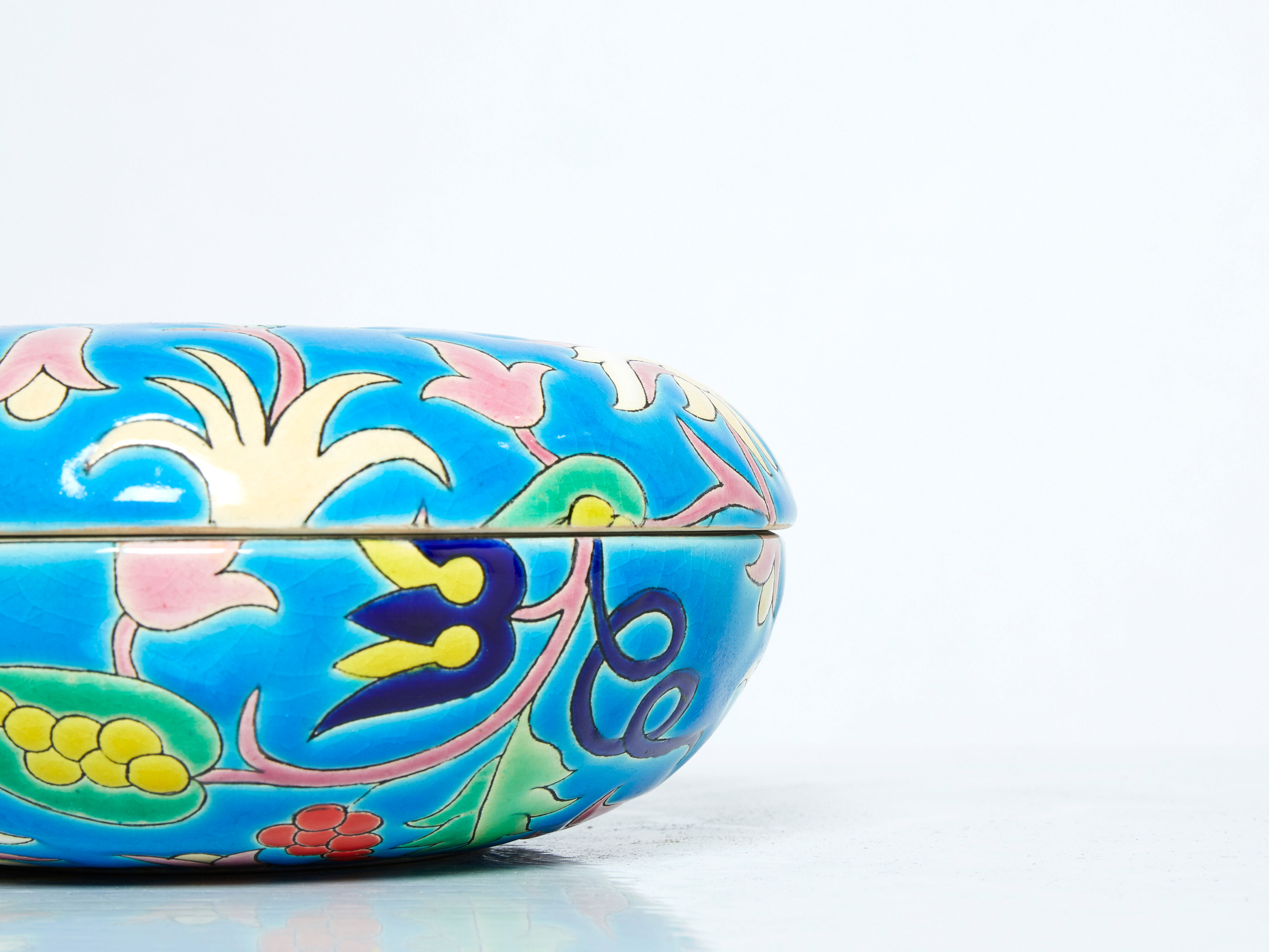 Large round box turquoise blue Art Deco Emaux de Longwy 1950