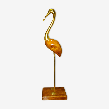 Large heron bird in brass and wood