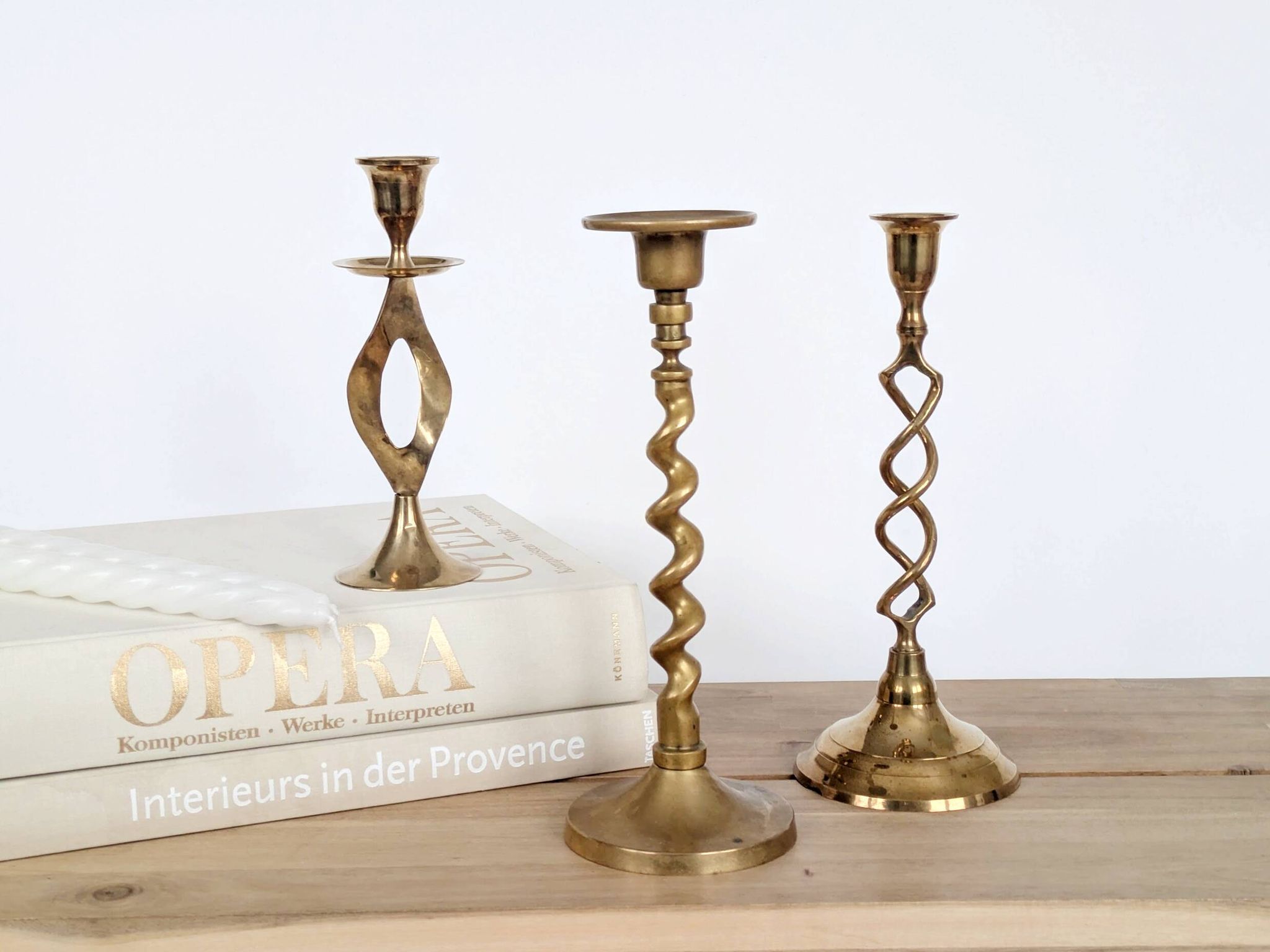 Set of 3 Vintage Twisted Brass Candle Holders, Midcentury
