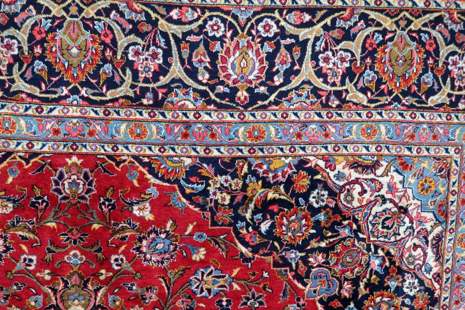 1920s handmade antique wool medallion rug, red & navy, 298 × 411 cm - 1C1302