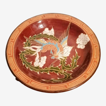 Japanese dish in glazed terracotta decoration fantastic dragon décor