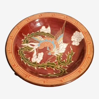 Plat japonisant en terre cuite vernissé décor dragon fantastique