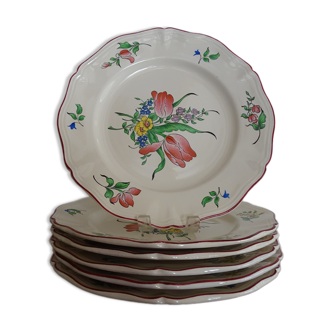 6 assiettes plates KG Lunéville réverbère tulipe et rose - diamètre 25,5 cm