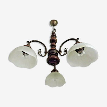 Lustre de campagne vintage en bois tourné et verre en métal bronzé 3391