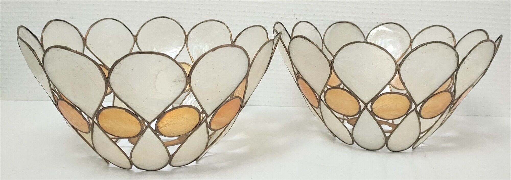 Pair of Capiz mother-of-pearl lampshade and vintage gilded metal