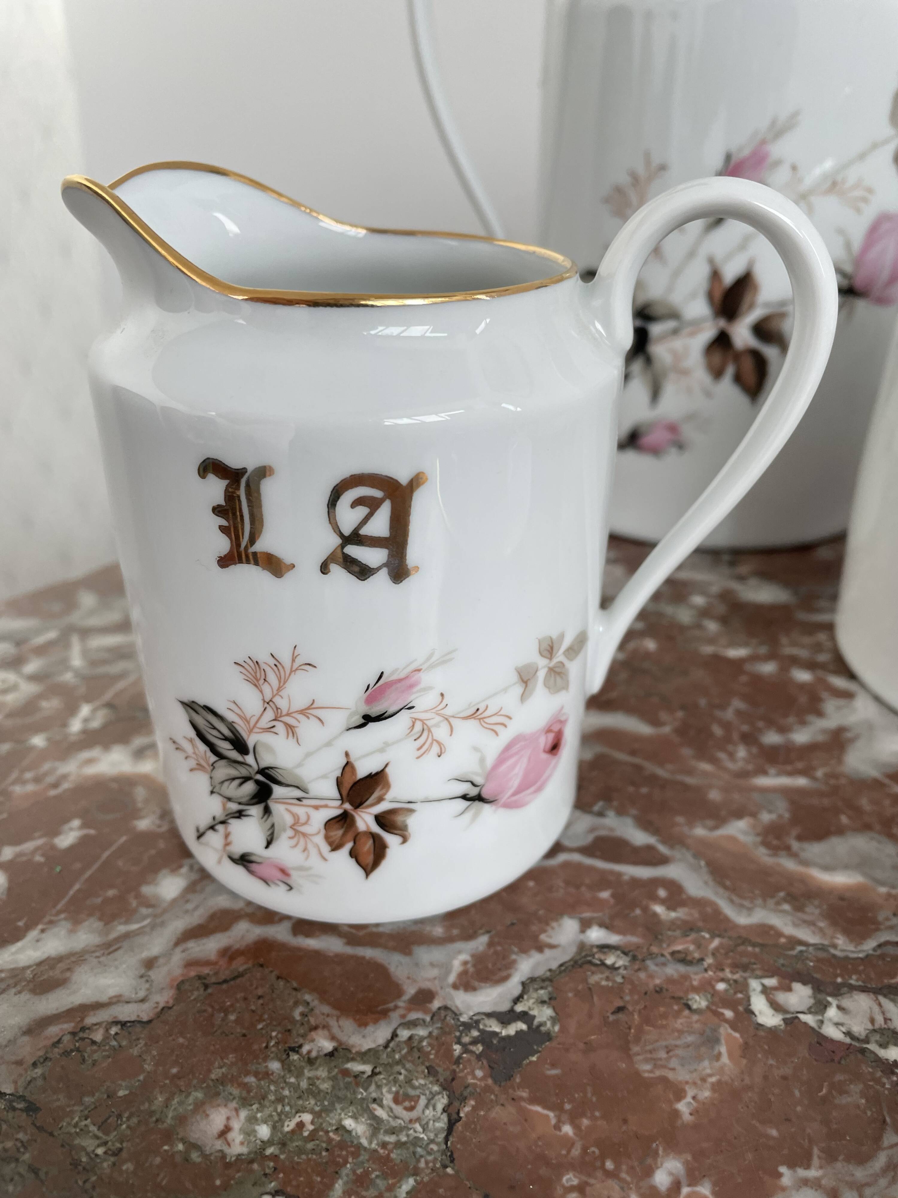 Vintage, coffee service, tea, Limoges, Flowers, cipher, 11 cups and under cups, teapot, 27 pieces