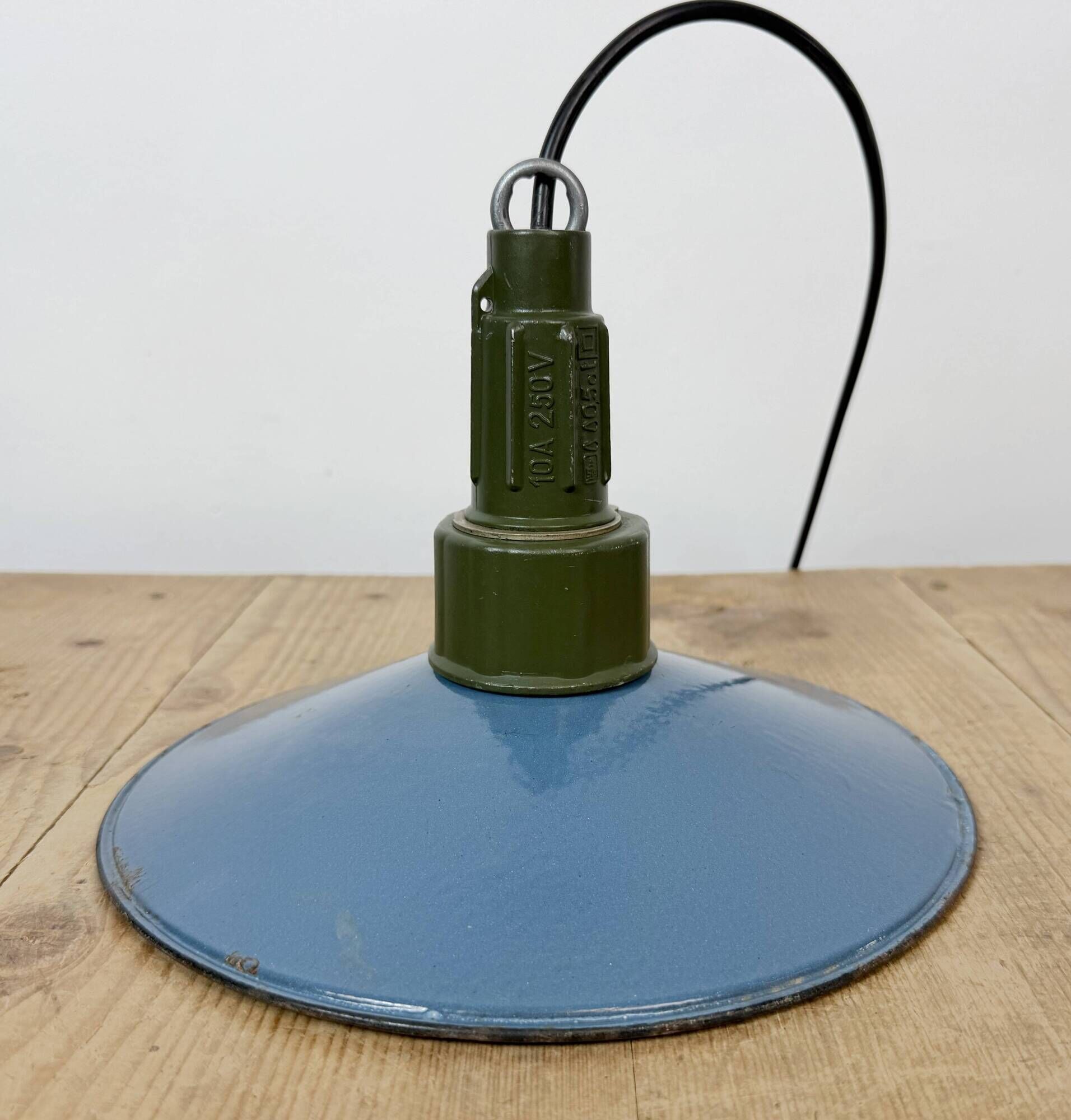 Industrial Blue Enamel Military Pendant Lamp with Cast Aluminium Top, 1960s
