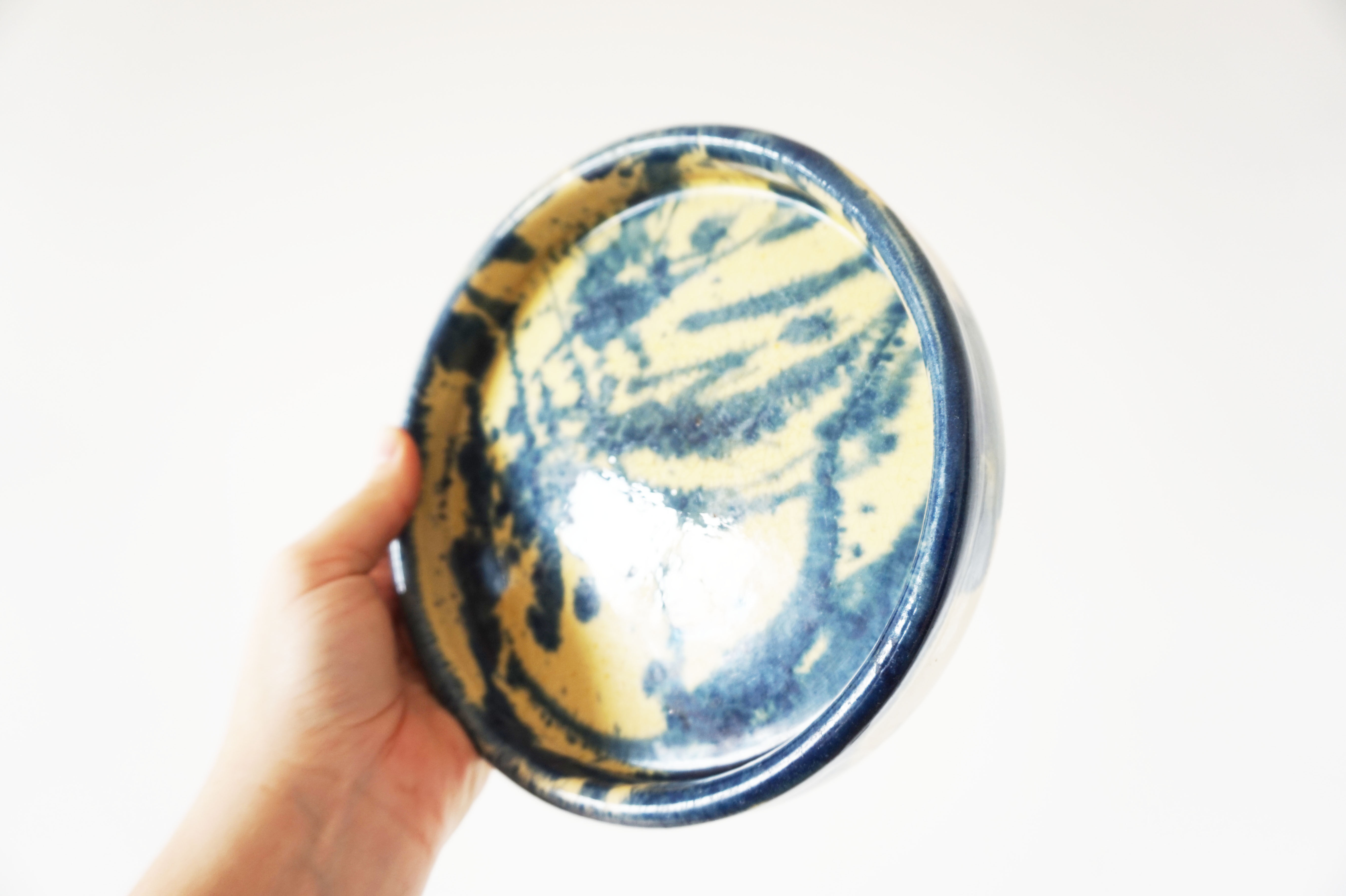 Trinket bowl vintage blue and yellow ceramic