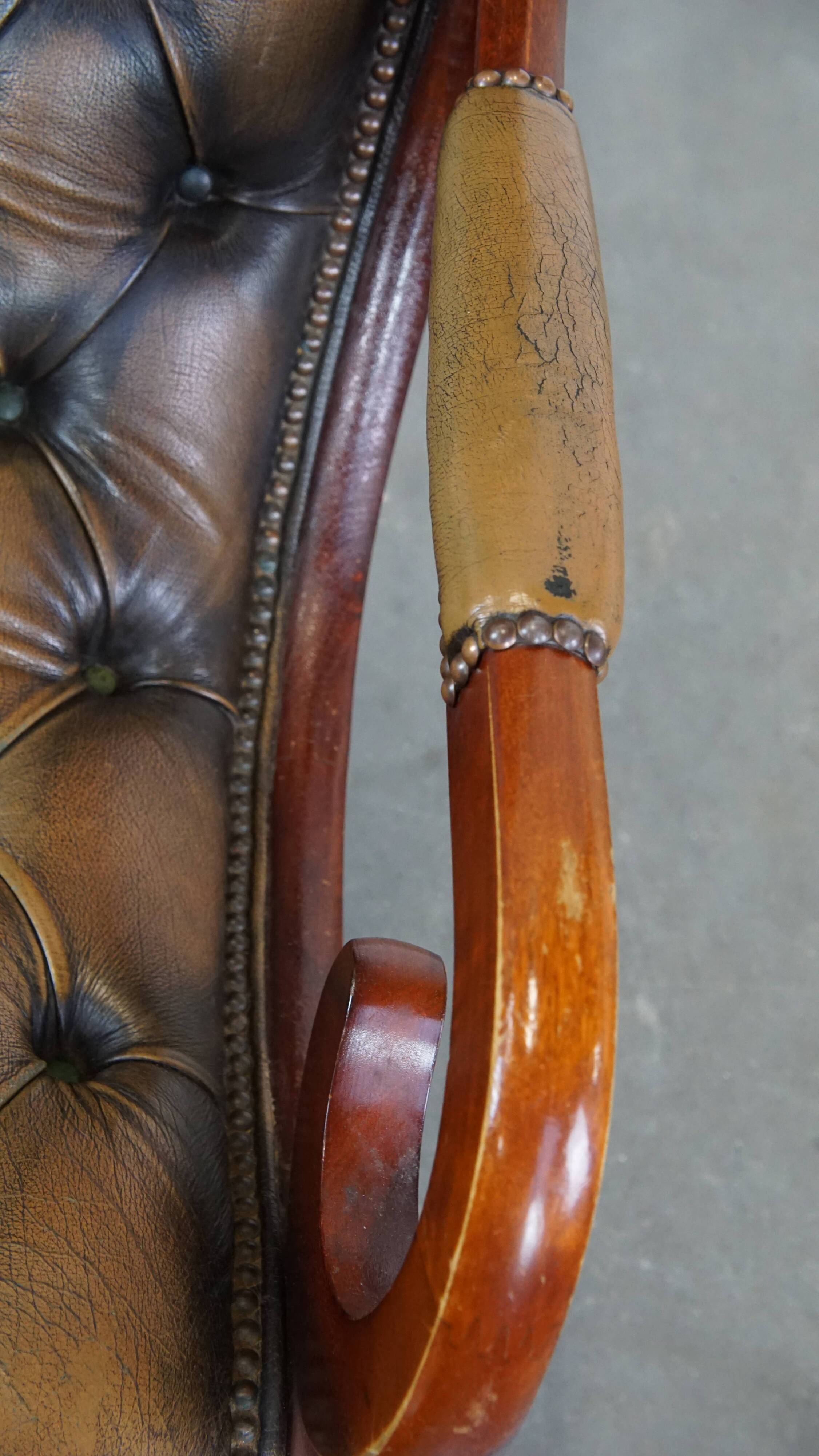 Green Vintage English Chesterfield Armchair with Wood Accents