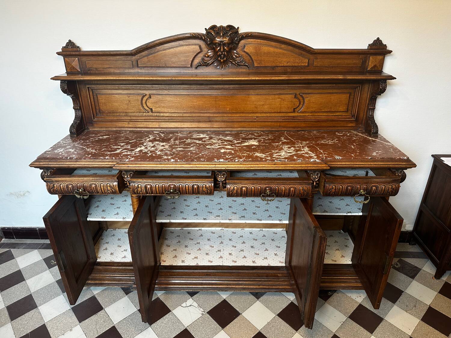 Two-part Renaissance-style buffet - Solid oak & marble, late 19th century