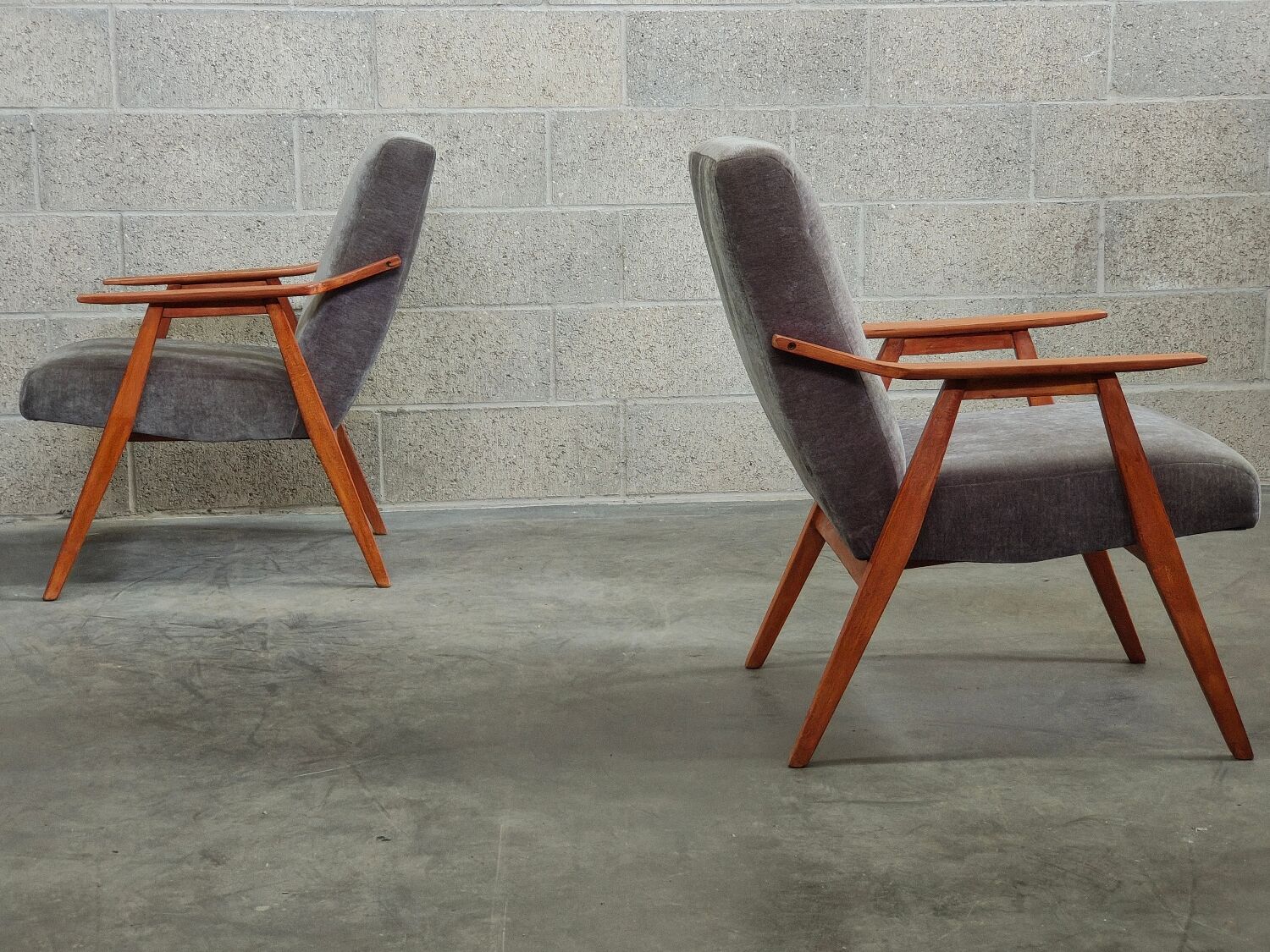 Pair of armchairs czechoslovakian midcentury renovated gray velvet