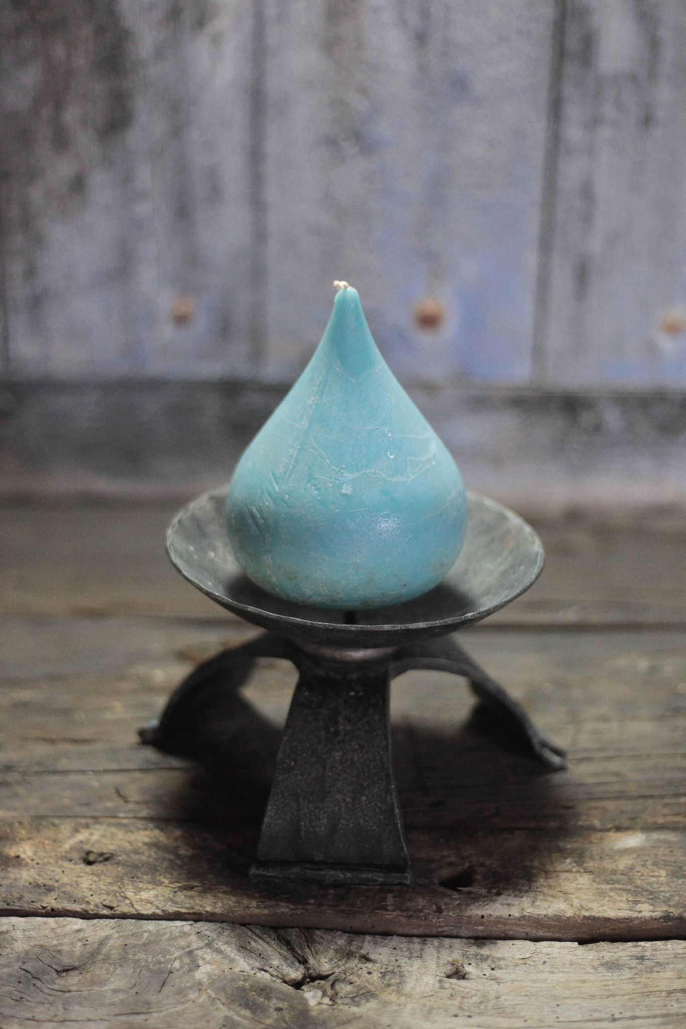 Large hammered wrought iron candlestick tripod, modernist candle holder.