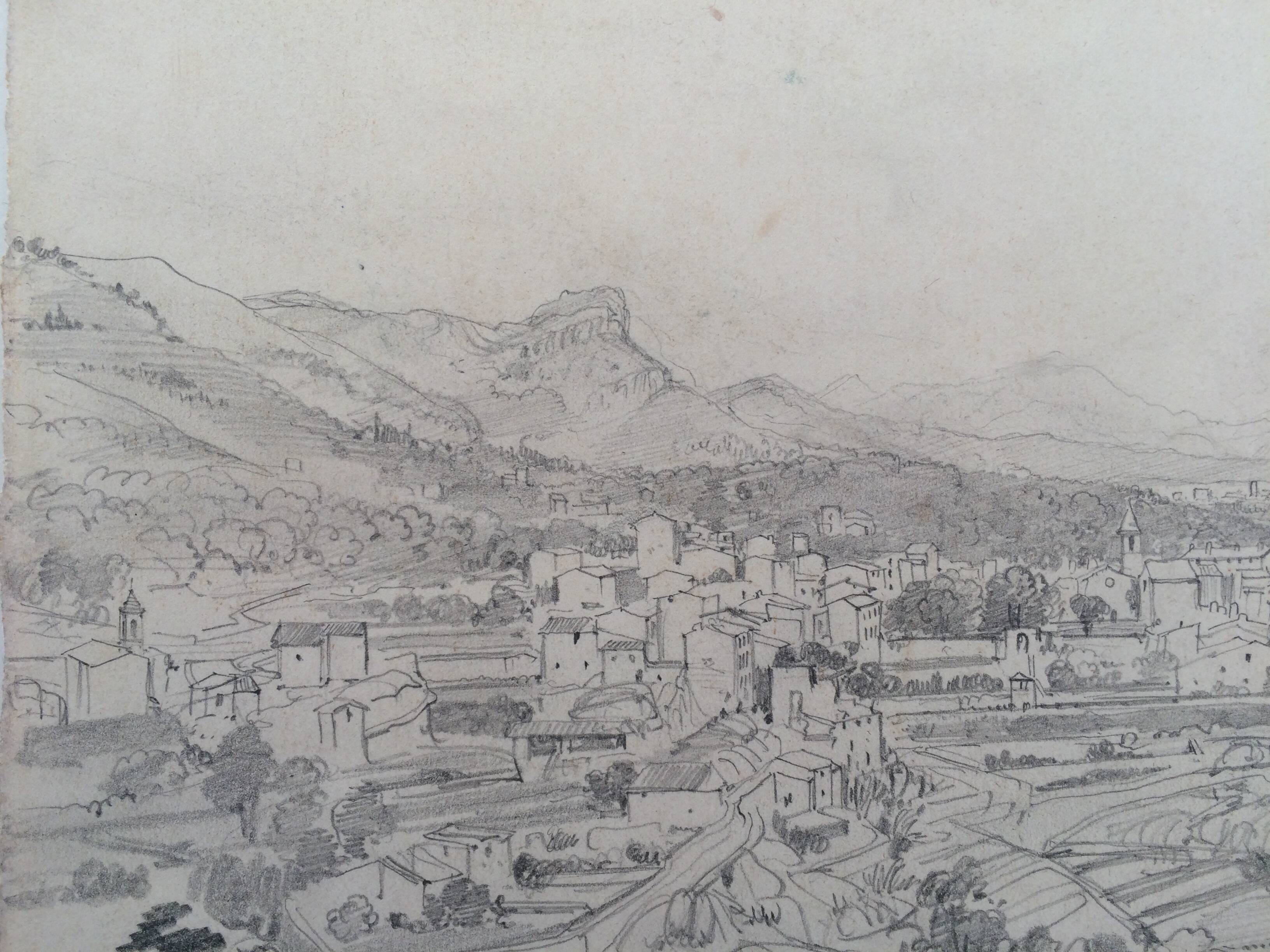 Félix BENOIST, Presumed view of Grasse. Pencil drawing, 19th century