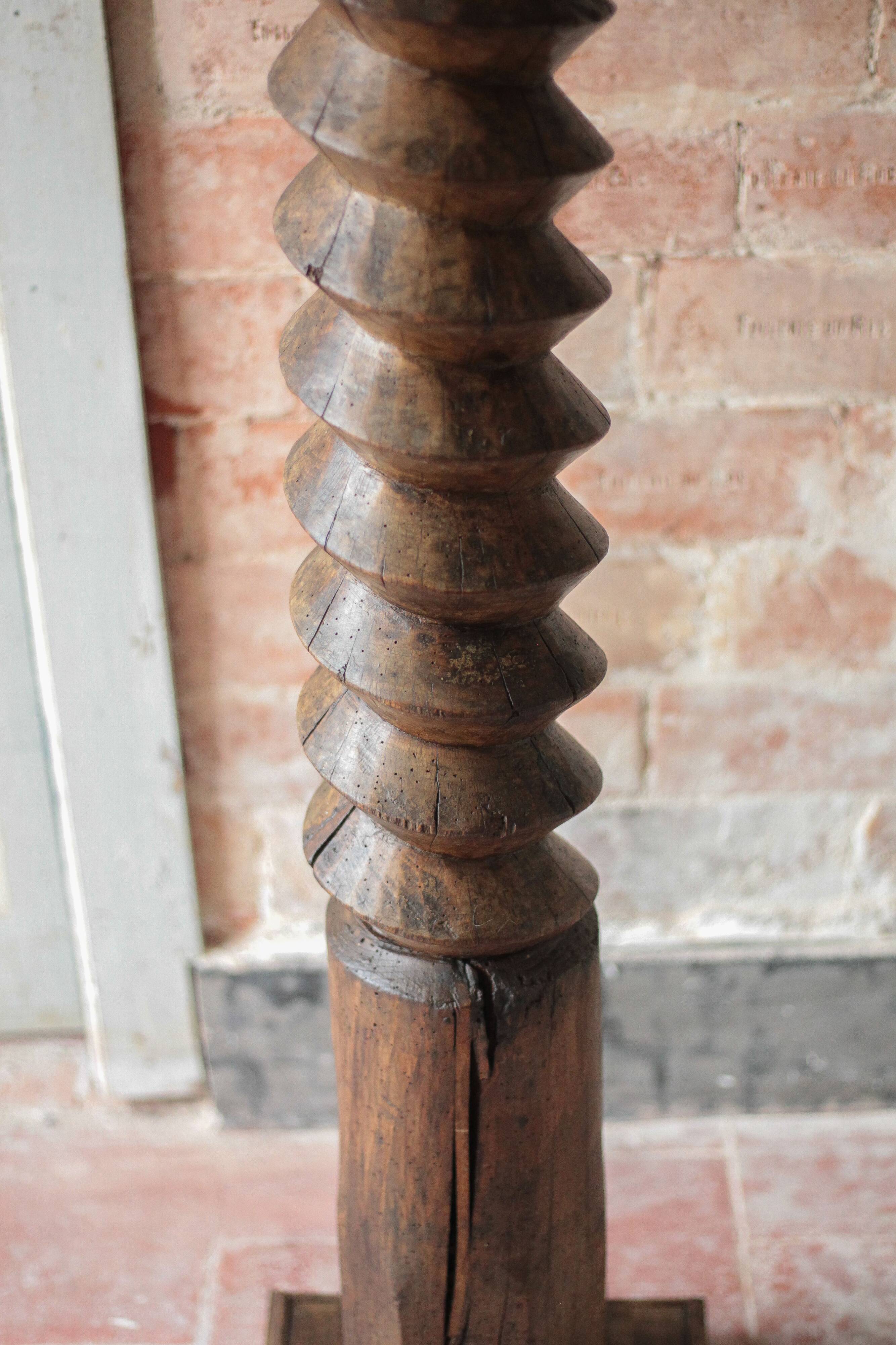 Vintage turned wooden press screw column