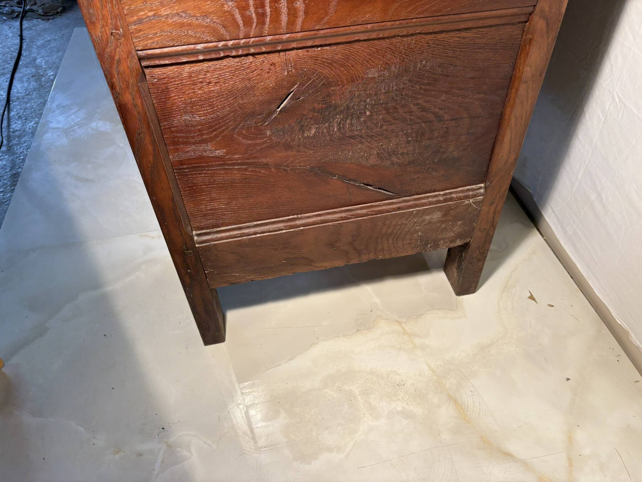 Antique rustic oak chest with original hardware and molded panels