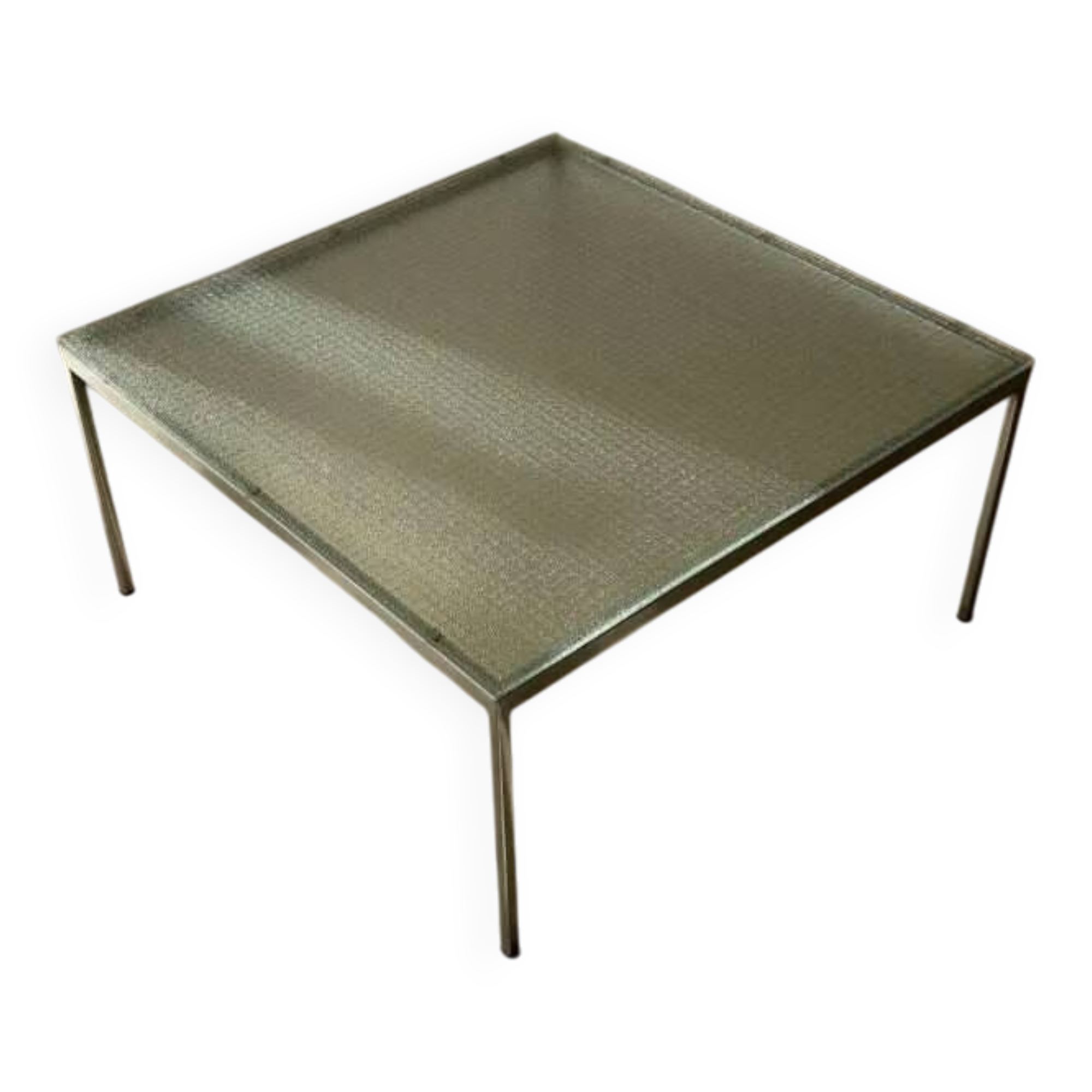 Minimalist 1960s wire glass coffee table in stainless steel.
