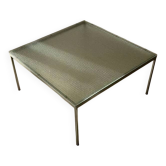Minimalist 1960s wire glass coffee table in stainless steel.