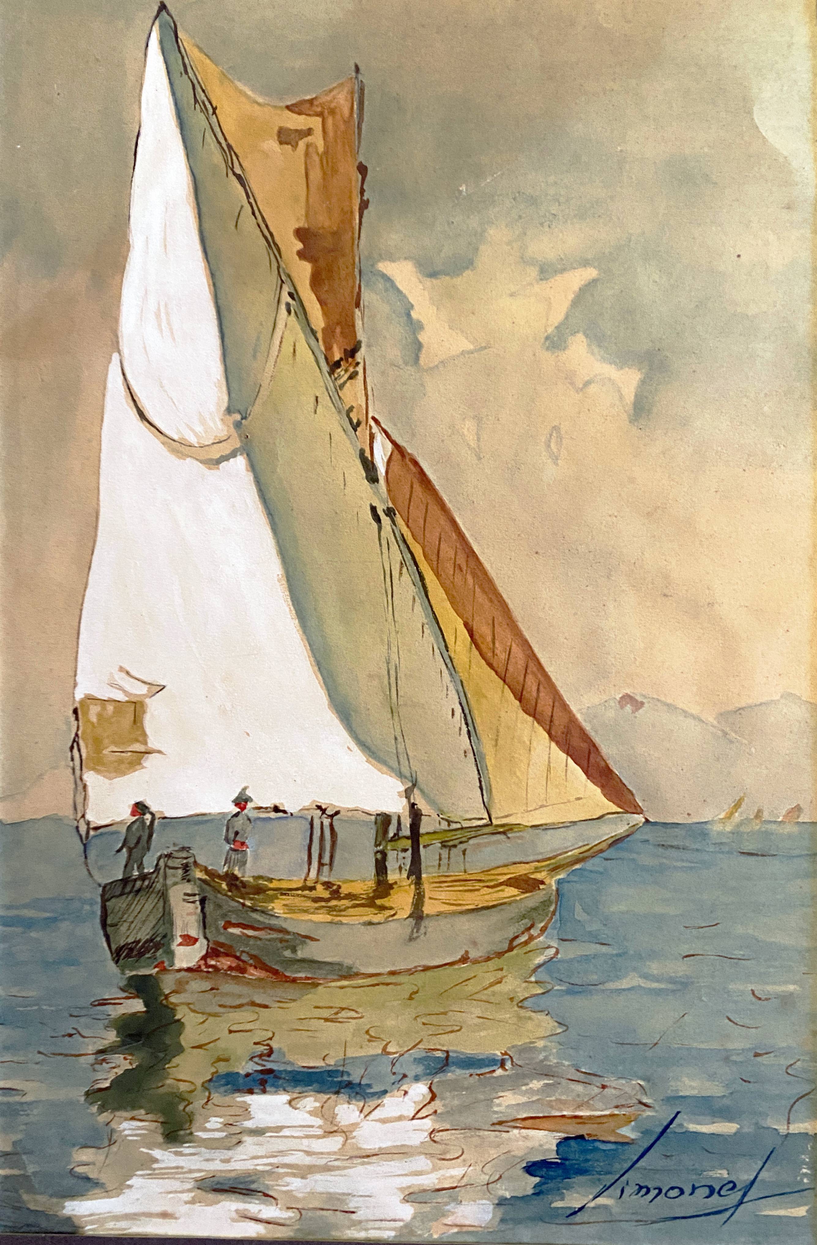 Old watercolor painting "Sailboat sailing" signed Simonet