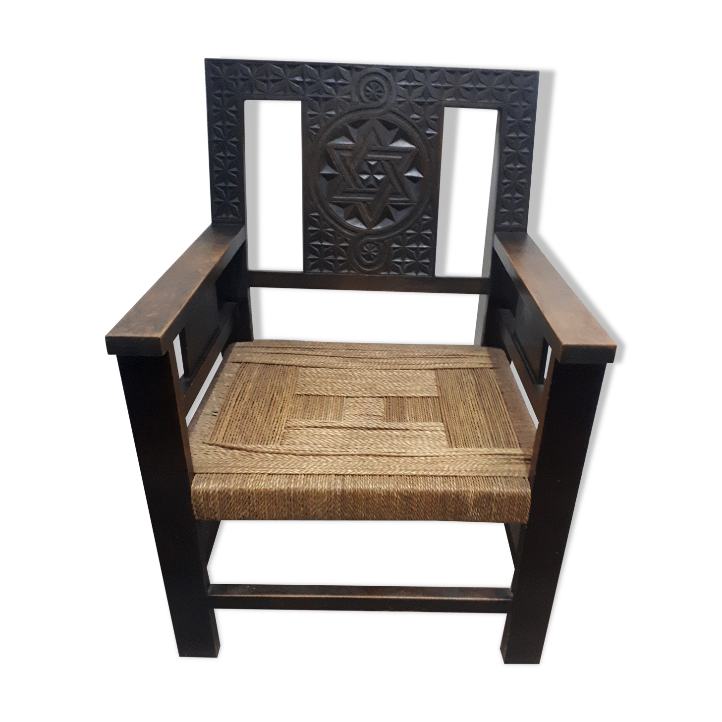 Pair of carved solid wood armchair and vintage rope 1950