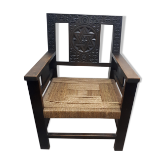 Pair of carved solid wood armchair and vintage rope 1950