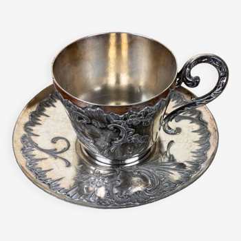 Gallia : grosse tasse égoiste avec sa soucoupe en métal argenté époque 1900 décors floraux