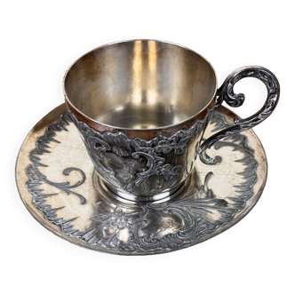 Gallia: large selfish cup with its silver metal saucer from the 1900s with floral decorations