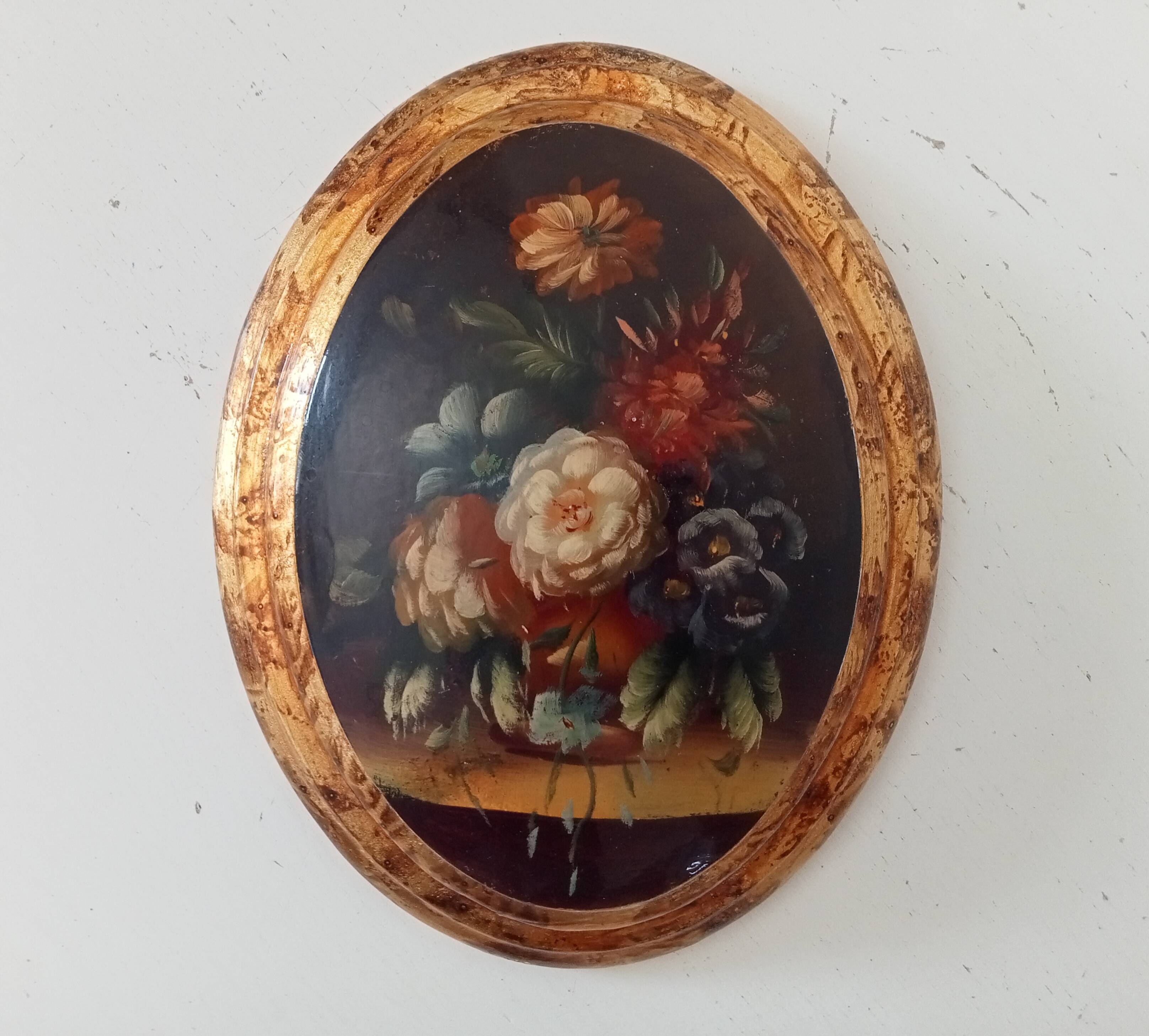 Curved frame still life lithograph on wood
