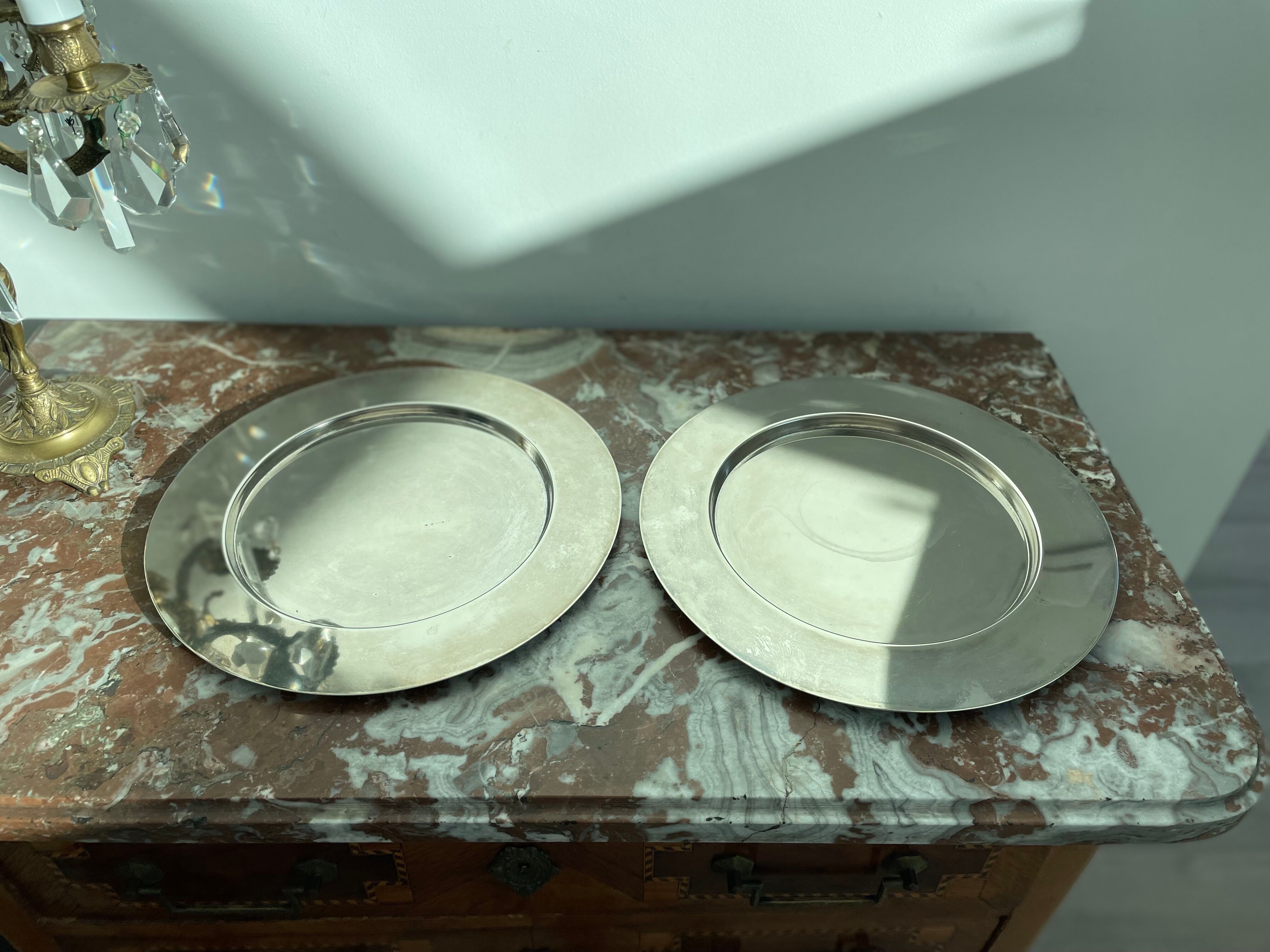Pair of vintage, underplates, silver metal
