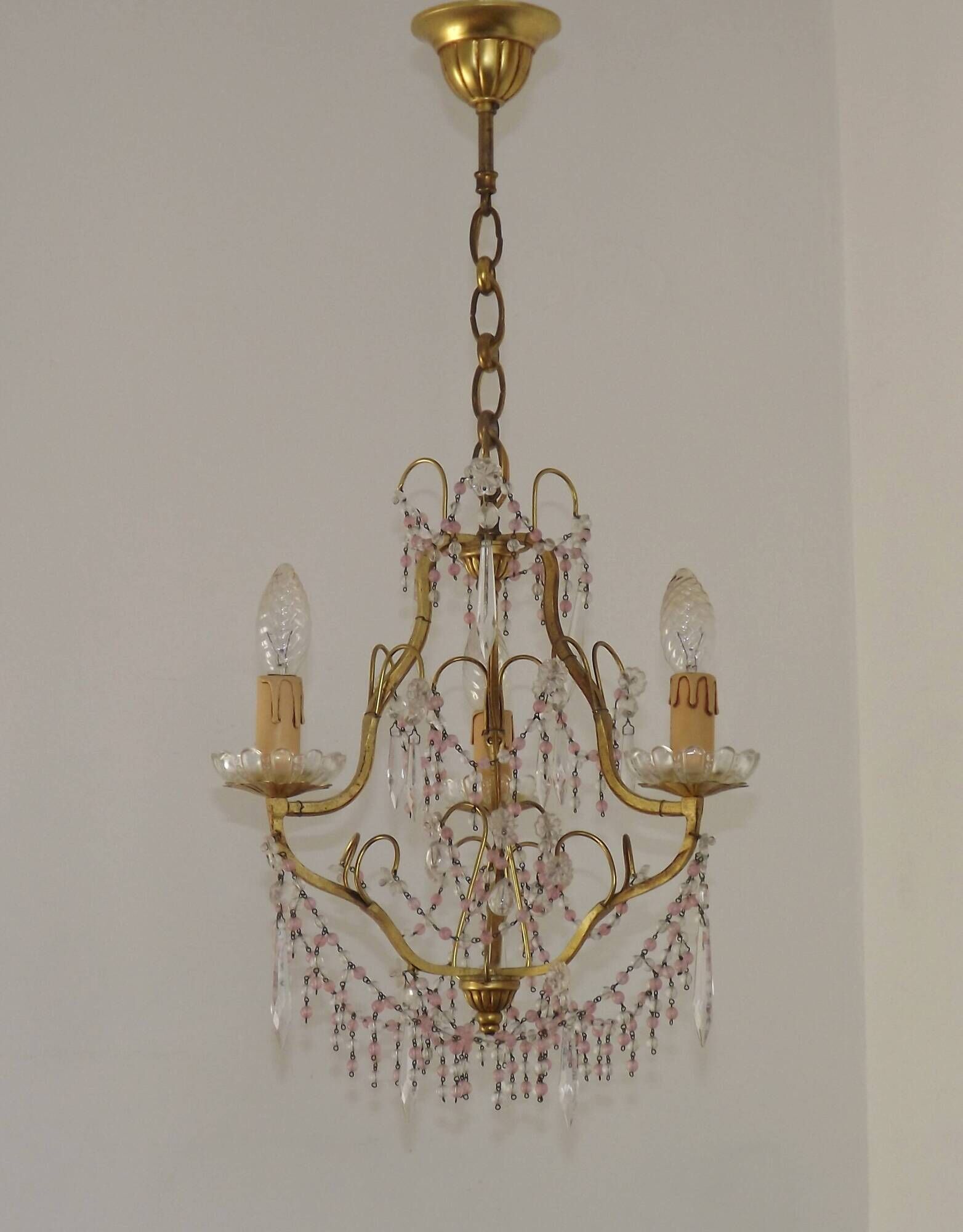 French gilt bronze three-light cage chandelier with pink and clear beaded swags.