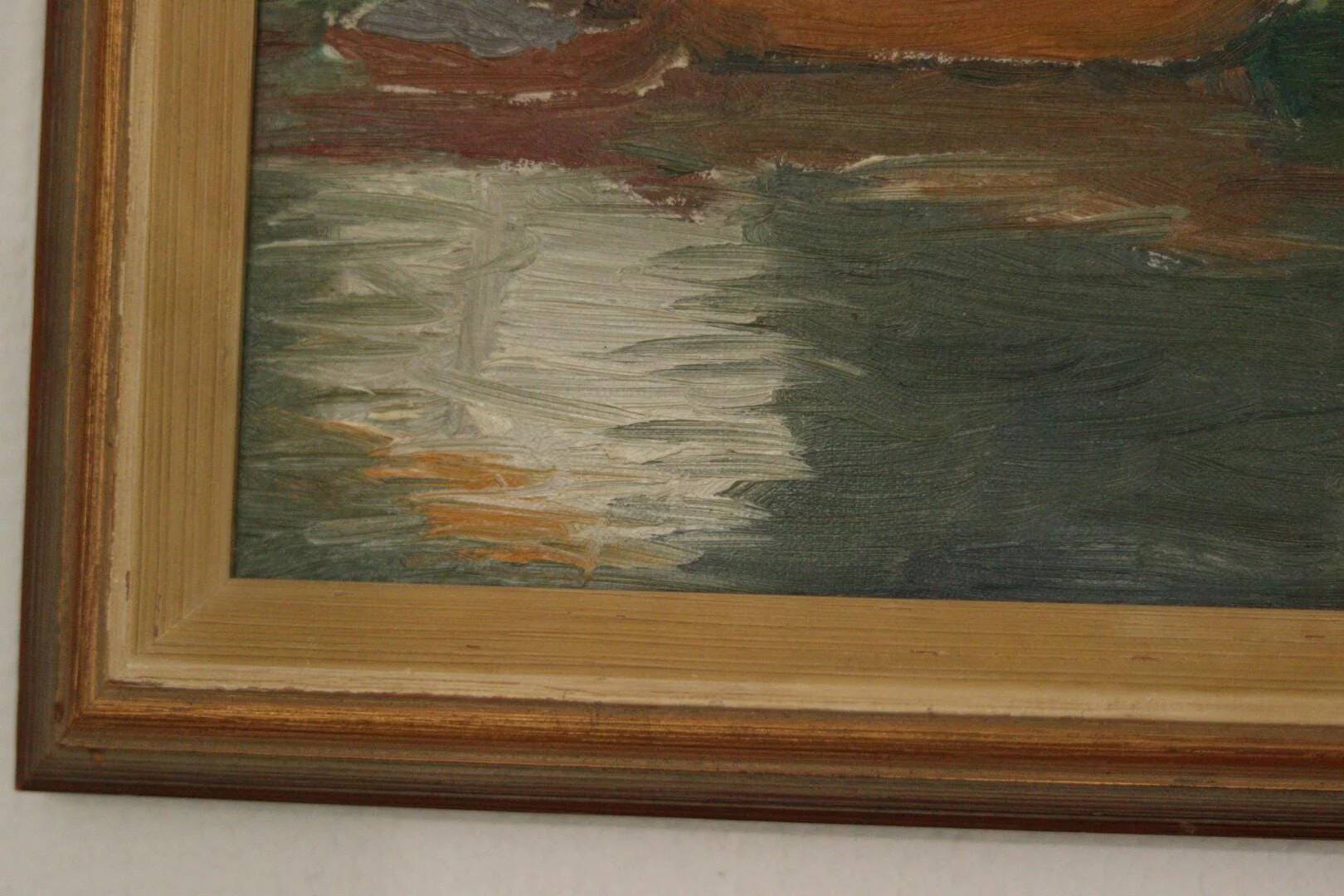 Huile sur toile originale européenne — Maison au bord du lac