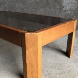 Table basse en bois claire et verre fumé, années 80