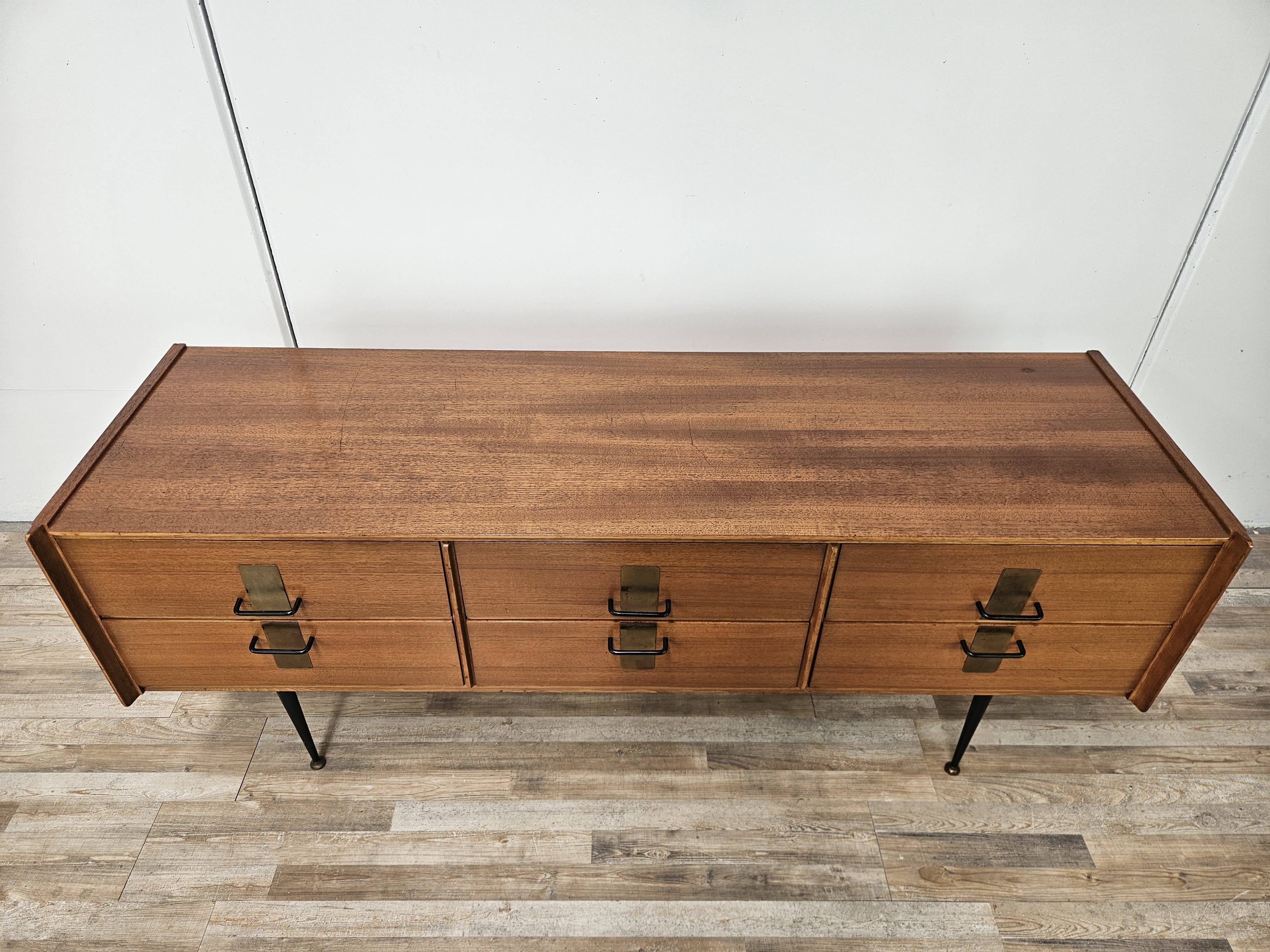 1960s walnut chest of drawers with iron and brass details
