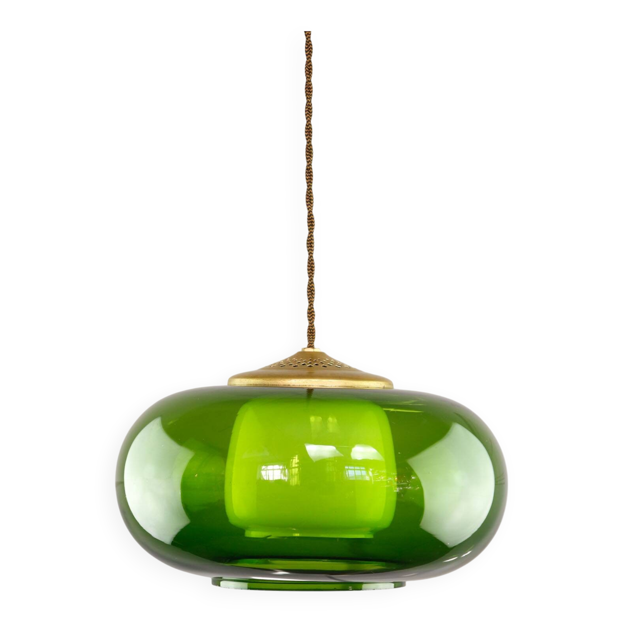 Mid-Century Italian Green Glass & Brass Pendant Lamp, 60s