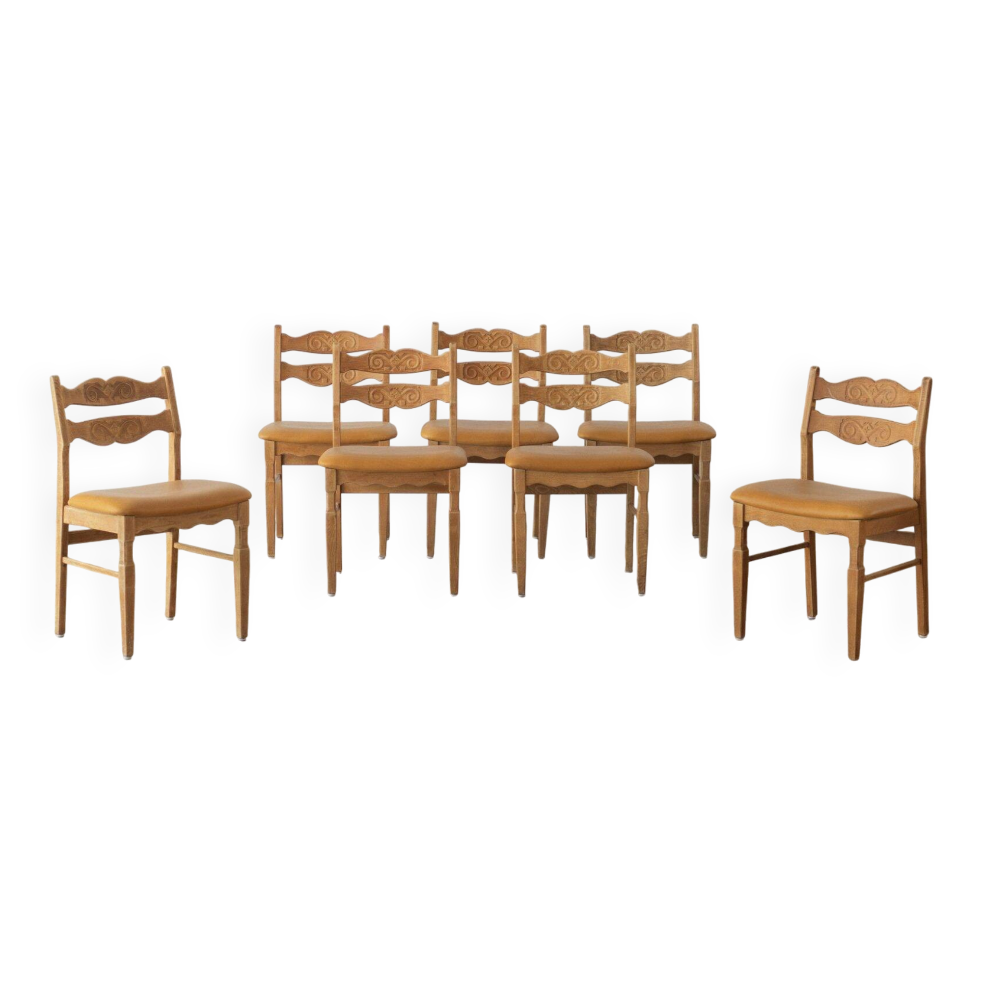Henning Kjærnulf, chaise de salle à manger en chêne massif (ensemble de sept)