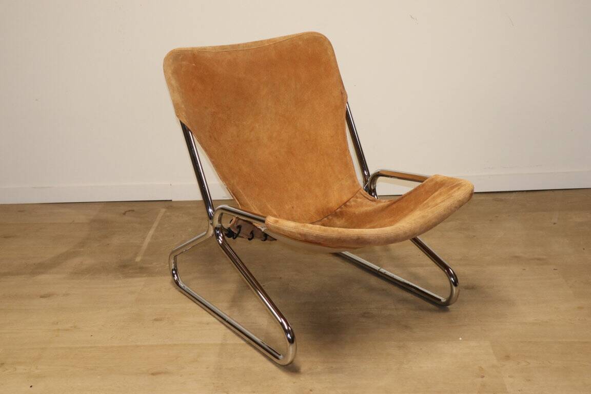 Vintage Suede and Chrome Metal Armchair, 1970s