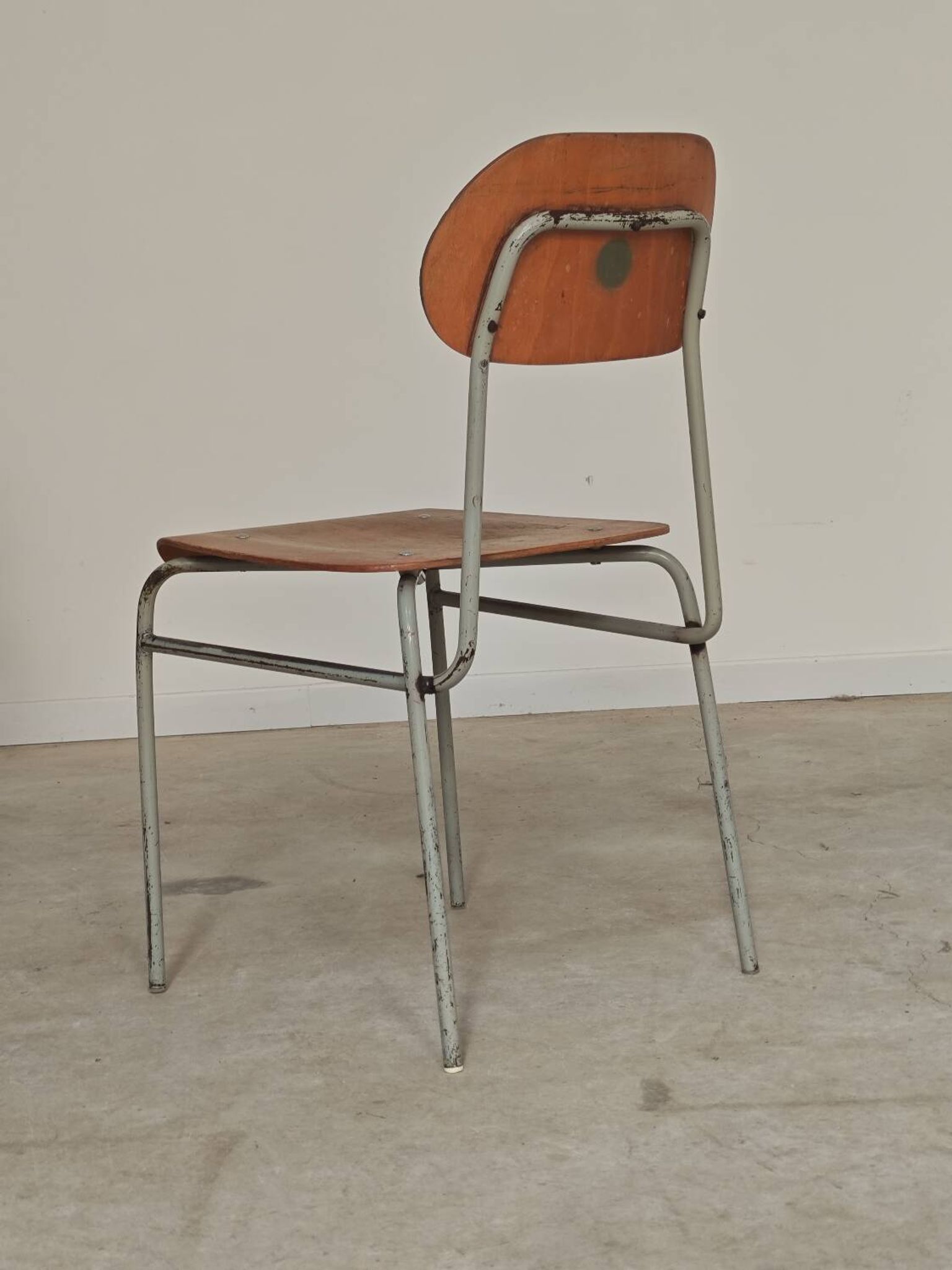 Set of 4 metal and wood school chairs, former Czechoslovakia, 1960.