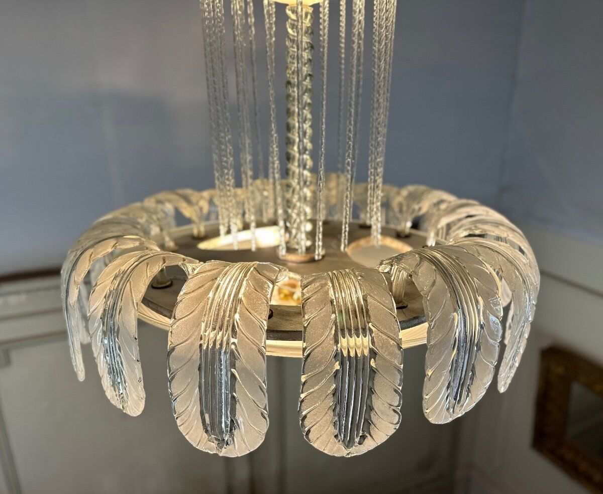 Lustre fontaine vénitien en verre de Murano incolore vert 1940